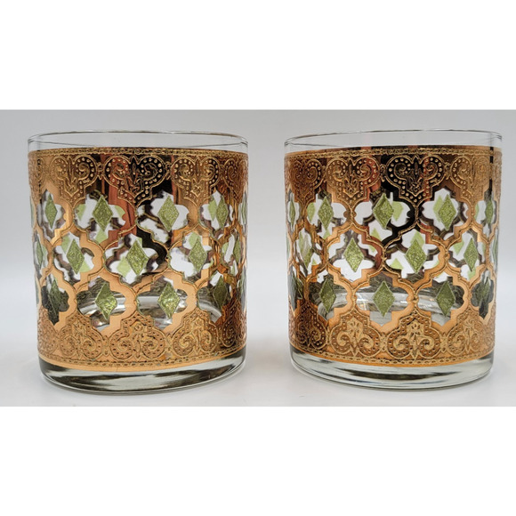 2 Culver Old Fashion Valencia Drinking Bar Glass 22K Gold Green Diamond 1960's - Picture 1 of 9